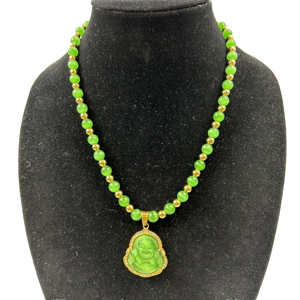 Green Cat Eye 14K Gold Plated Shop Lava Signed Buddha Beaded Necklace 24"L